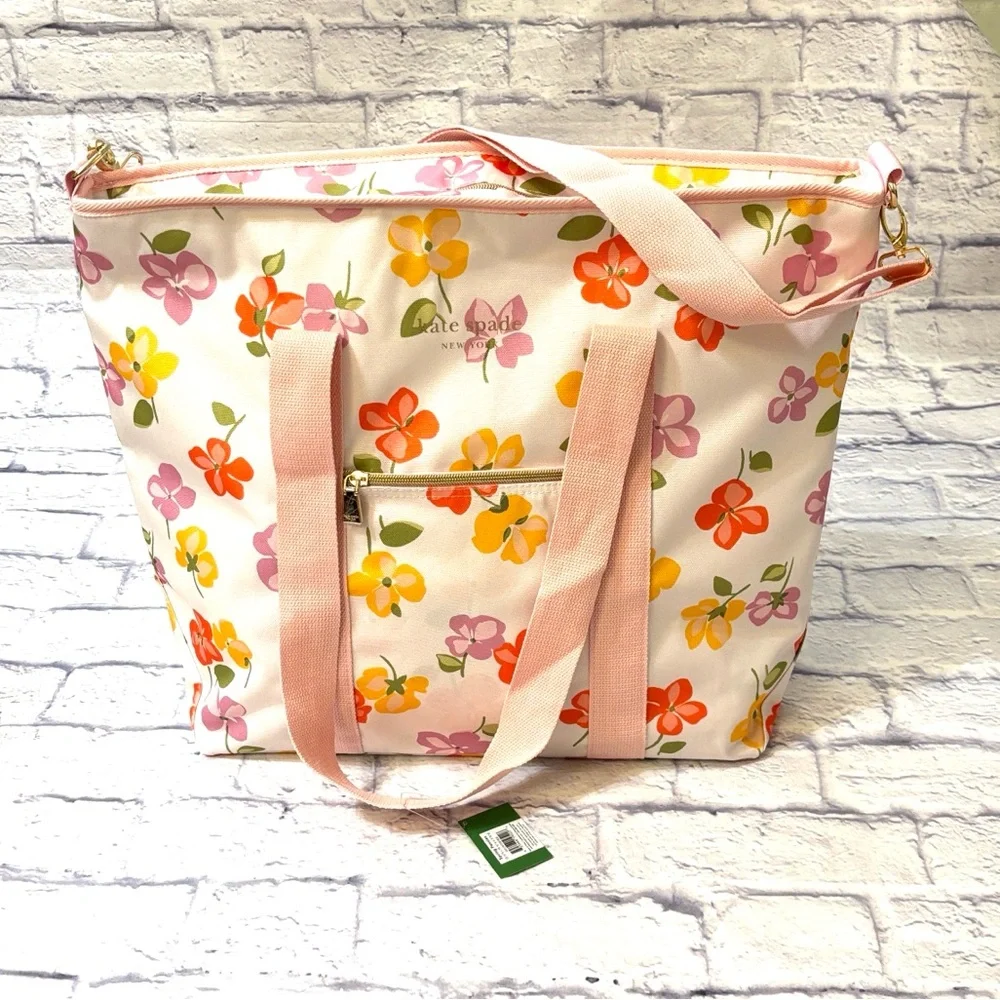 Kate Spade Cooler Tote Bag Spring Pansies Pink Pattern Zip Top 15.5 X 19.5 NWT